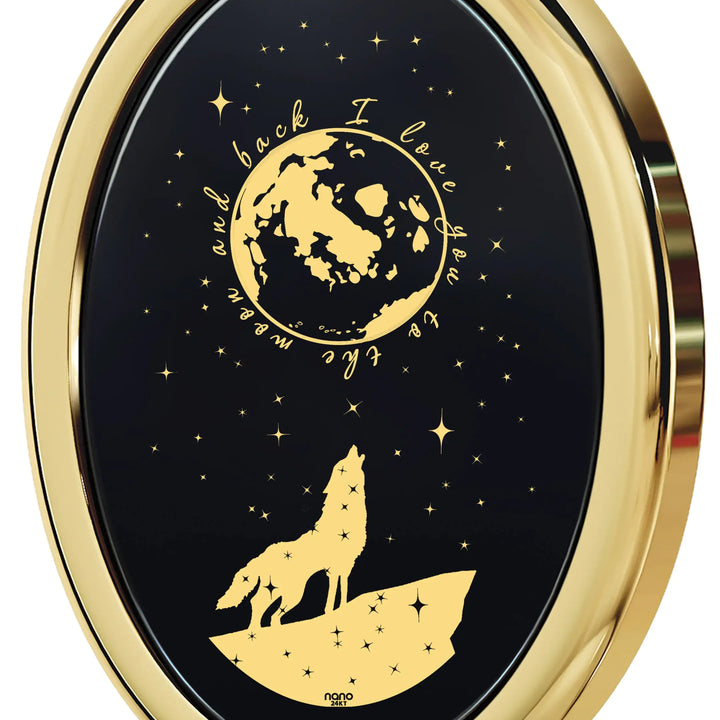 I Love You to the Moon and Back Necklace Wolf Pendant 24k Gold Inscribed on Onyx