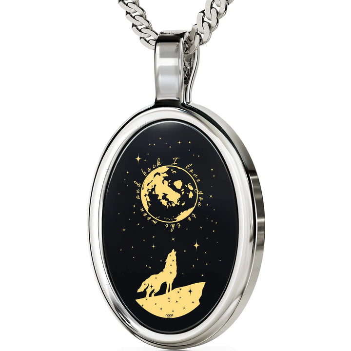 I Love You to the Moon and Back Necklace Wolf Pendant 24k Gold Inscribed on Onyx
