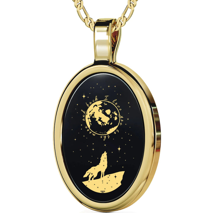 I Love You to the Moon and Back Necklace Wolf Pendant 24k Gold Inscribed on Onyx
